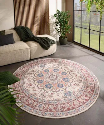 Imagen del producto de Alfombra redonda vintage Unyqoos® Valenca Nova, diámetro 230 cm, color crema/rojo, apta para interiores y exteriores, con amortiguación de malla 3D, lavable, ideal para balcones y terrazas