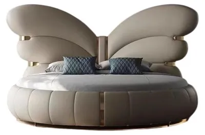 Image de Lit double beige design Lits de chambre élégants Lit en tissu