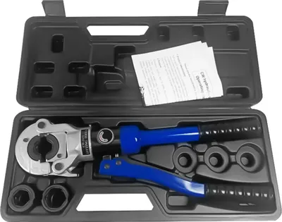Image de Pince à sertir hydraulique - Outil de sertissage - 10 t/98 kN - Tête pivotante à 360° - 3 jeux de matrices - Mallette à outils - Pour tubes en cuivre - Bleu/noir