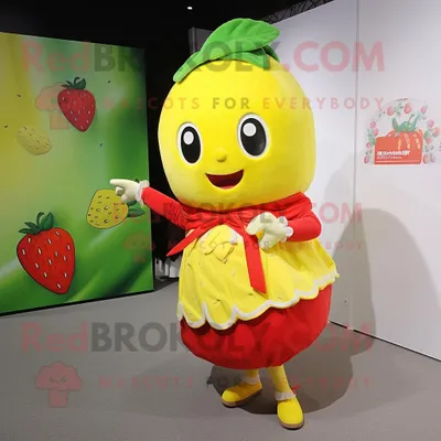 Produktbild von Zitronengelbe REDBROKOLY Erdbeer Maskottchen kostümfigur bekleidet mit einem Kleid und Schals