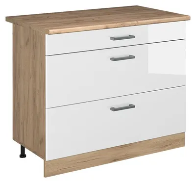 Produktbild von Küchenunterschrank Vicco R-Line Weiß Hochglanz/Goldkraft Eiche 100 cm Arbeitsplatte Goldkraft Eiche, Model 71653