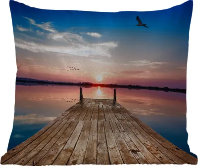 Produktbild von MuchoWow® Outdoor Kissen - Steg - Wasser - Sonnenuntergang - Rosa - Horizont - 40x40 cm - Wetterfest - Lounge Kissen - Kopfkissen - Interieur - Polster mit Bild