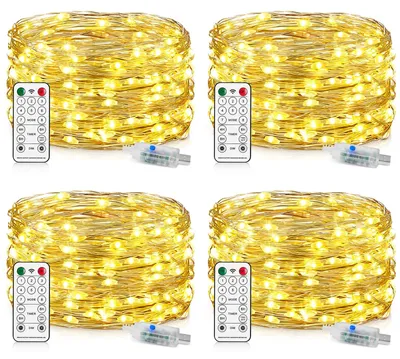 Produktbild von LED Lichterkette mit 100 LEDs, 10M USB Lichterkette Wasserdicht Draht Lichterketten mit Fernbedienung Timer 8 Programm Kupferdraht Lichterketten für Schlafzimmer Party Hochzeit, 4 Stück – Warmweiß, Gr
