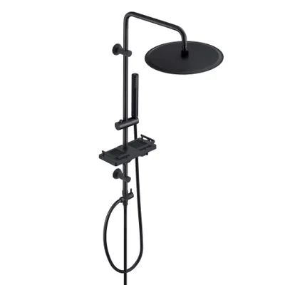 Produktbild von Görbach Regendusche Duschsystem mit Ablage, Edelstahl Duschstangeset Duschset ohne Armatur mit XXL Kopfbrause Rund Schwarz (D30cm)