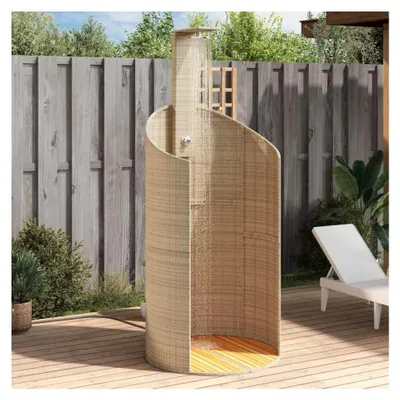 Produktbild von Gartendusche aus Poly Rattan mit Akazienholz-Boden 100x100 cm freistehend für Garten, Pool, Terrasse, Camping, Outdoor-Dusche mit verstellbarer Brause und robustem Stahlrahmen