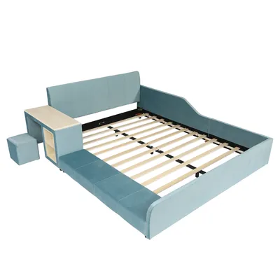 Produktbild von Flieks Polsterbett Kinderbett 140x200cm mit Schreibtisch und Hocker, Bodenbett Doppelbett mit Rausfallschutz, Holzbett mit Lattenrost, Samt, Blau