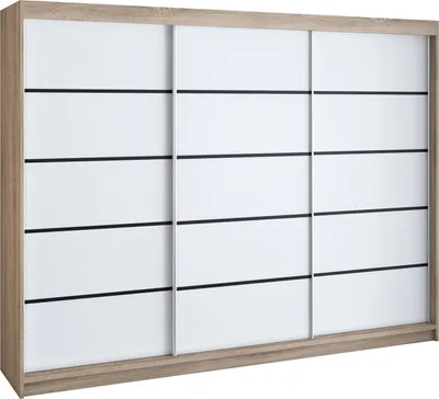 Produktbild von Schwebetürenschrank, 3-türig Schrank 200 cm mit 4 Schubladen, Retrostil  Premium! Moderne Garderobe für Kleidung. Verschiedene Farben (Weiß, Schwarz, Somona) Kleiderschrank MES