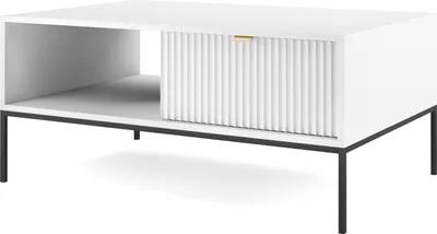 Image de DomoHome Elégante table basse Nova - avec accent doré, tiroir moderne en MDF et pieds métalliques de couleur noire, design minimaliste, couleur : blanc, taille : 104x104x46 cm