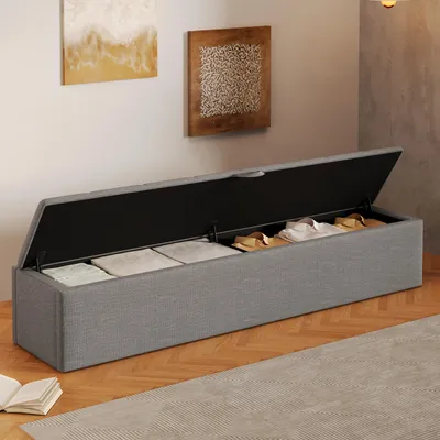 Productafbeelding van Voetenbankje met opbergruimte, fluwele bekleding, verplaatsbaar, 163 x 32 x 36 cm, grijs, fluweel + MDF