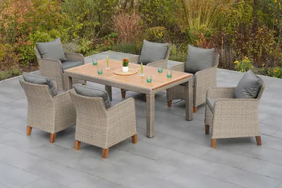 Produktbild von Merxx Gartenmöbelset "Avellino" 7tlg. mit Tisch 180 x 100 cm, inkl. Kissen - Aluminiumgestell mit Kunststoffgeflecht Steinbeige und Akazienholz
