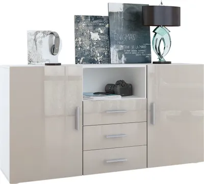 Produktbild von Vladon Sideboard Skadu, Kommode mit 2 Türen, 3 Schubladen und 1 offenem Fach, Weiß matt/Sandgrau Hochglanz (138,5 x 71,5 x 35 cm)