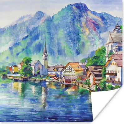 Produktbild von MuchoWow® Poster Gemälde - Ölfarbe - Haus - Berge - Wasser 50x50 cm - Wohnzimmerdekoration