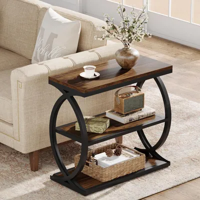 Immagine prodotto di Tavolino laterale a 3 ripiani, struttura in metallo, legno, stile rustico, colore marrone