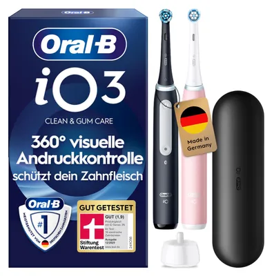 Produktbild von Oral-B iO3 Duo, Erwachsener, Vibrierende Zahnbürste, Tägliche Pflege, Sensibel, Whitening, Schwarz, Rose, Weiß, Rund, Akku