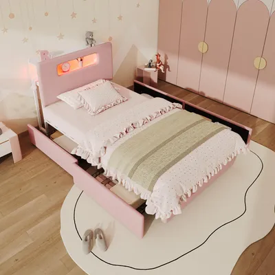 Obrázok produktu pre MODFU Posteľ s čalúneným rámom, rozmery 90 x 200 cm, posteľ pre mládež so 4 zásuvkami, detská posteľ, dvojlôžko s otvoreným úložným priestorom v opierke a LED osvetlením, bez matraca, ružová farba