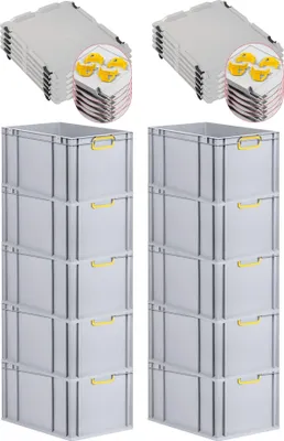 Produktbild von SparSet 10x Eurobox NextGen Color mit Auflagedeckel und Schiebeschnappverschlüsse | HxBxT 32x40x60cm | 65 Liter | Grau | Griffe gelb geschlossen | Verstärkter Boden | Eurobehälter, Transportbox, Transportbehälter, Stapelbehälter