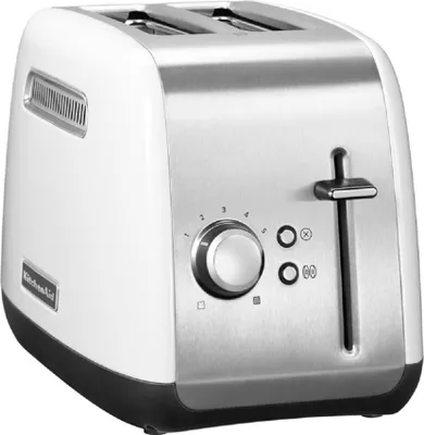 A white and silver KitchenAid toaster is shown from a diagonal front-left angle against a white background.