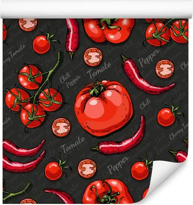 Zdjęcie produktu dla Tapeta Abstrakcja Ścienna z modnym efektem 3D Do Kuchni Papryczki Chili POMIDORY Napisy
