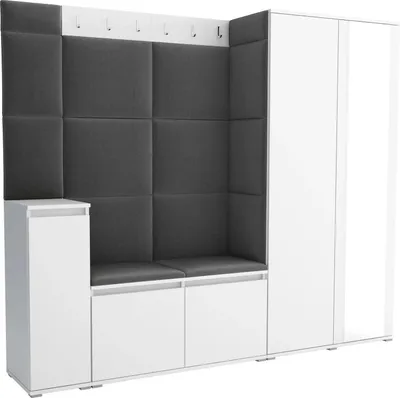 Produktbild von Garderoben-Set Noris VIII mit Spiegel, gepolsterte Garderobe 145 cm mit Schuhkommode, Wandpaneelen und Sitzbank (Farbe: Weiß + Trinity 15)
