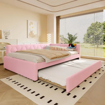 Produktbild von Sweiko Daybett, 140x200cm Tagesbett, Schlafsofa, Bett mit Lattenrost (ohne Matratze), mit Nachttischlampe, mit multifunktionalem Ausziehbett, USB-Anschluss, Typ-C, Komfortmaterial, Vliesimitat, Rosa