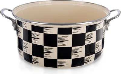 A black and white checkered pot with two handles.