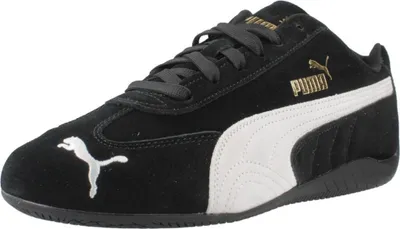 A black Puma Speedcat OG Wildleder-Sneaker with white accents and gold branding.