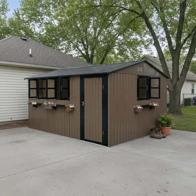 Image de Abri de jardin en métal de 10,21 m² à toit en pente, avec double porte, 3 fenêtres et une étagère à fleurs, couleur marron-noir, résistant aux intempéries, sans dalles de fond
