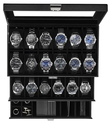 Image de Boîte à montres Boîte de rangement pour montres - 24 compartiments - 3 niveaux - Noir