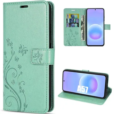 Image de Coque pour Samsung Galaxy A57 5G, Protection Antichoc Anti-Rayures CuirPolyuréthaneVert Motif Relief Floral