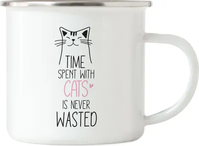 Produktbild von Time with cats is never wasted Emaille Tasse Katzen-Fans Katze-als-Haustier katzenbesitzerin