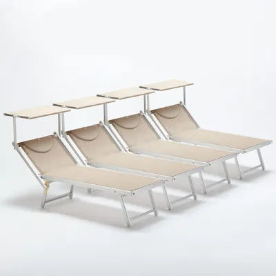 Produktbild von 4er Set Sonnenliegen Luxus Italienischen Strandliegen mit Dach Italia - Beige