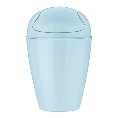 A light blue trash can with a swing lid, shown from the front against a white background.