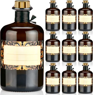 Produktbild von Apothekerflasche braun 0,5l mit Korken gold, Band, Kapseln & Etiketten, 9 Braunglas Flaschen leer Etikett Motiv Rom