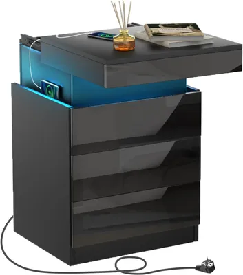 Produktbild von Nachttisch mit Steckdose,Nachtschrank mit Led Licht,Einstellbare Farben,Nachtkommode mit Schiebekommode Oben,Beistelltisch Nachtschrank 45x40x67cm