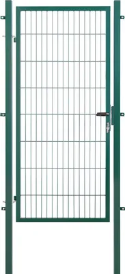 A green metal garden gate with a lock.
