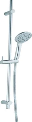 A chrome shower head and rail set against a white background.