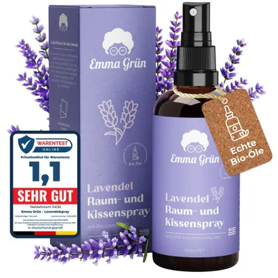 A bottle of lavender room and pillow spray with its packaging, surrounded by lavender sprigs and a product review badge.