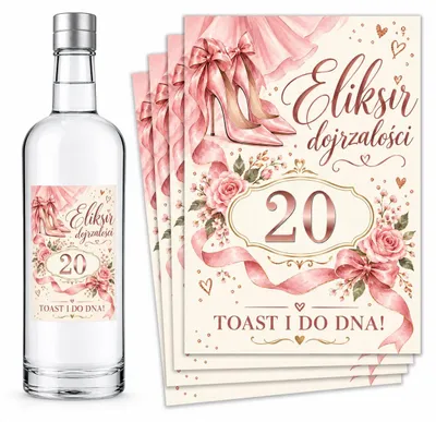 Produktbild von Flaschenetiketten – zum 20. Geburtstag – „Eliksir Dojrzałości” – Rosa – #142 – 8 Stück
