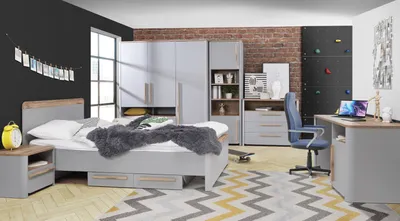 Produktbild von Jugendzimmer komplett Möbel Surfino 7 teiliges Komplett Set in Grau und Catania Eiche Kinderzimmer Möbel Jungs und Mädchen Jugendzimmermöbel