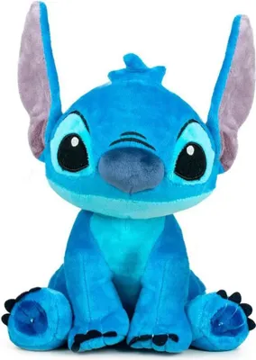A plush toy of the Disney character Stitch is sitting and facing the camera.