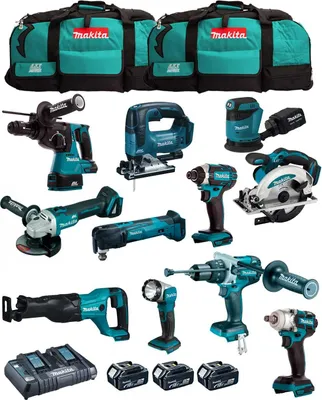 Produktbild von MAKITA Kit MK1102 (DHP481+DHR243+ DGA504+ DTD152+ DJV182+ DSS610+ DJR186+ DBO180+ DTM51+ DML802+ DTW285+3x5,0Ah+DC18RD+2xLXT600)