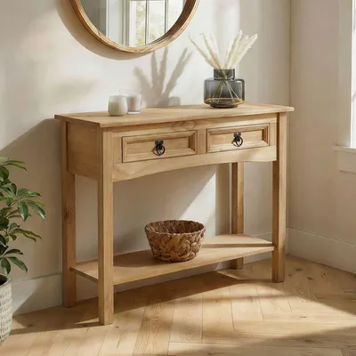 A wooden console table with two drawers and a shelf, decorated with a vase of dried flowers and candles, placed in a room with a mirror above it.