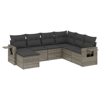 Produktbild von Modulares Garten-Sofaset, 7-tlg. Loungemöbel mit Stauraum, Poly Rattan Grau, UV-beständig, abnehmbare Kissenbezüge Dunkelgrau