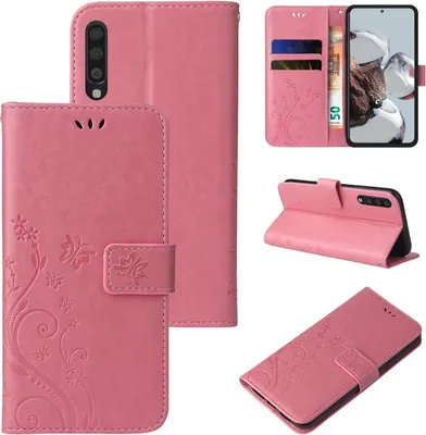 Produktbild von Handyhülle für Samsung Galaxy A70 Floral Blumen Schmetterling Flip Cover Hülle Case Klapphülle Handytasche Farbe: Rosegold