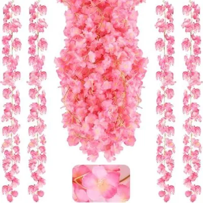Produktbild von 4 Stück Kirschblüten Künstliche Blumen Girlande 180cm Kirschblüten Deko Blumengirlande Kunstblumen Seidenblumen Hängend Vines für Hochzeit Garten Party Wand Zimmer Dekoration (Dunkelrosa)
