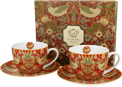 Produktbild von DUO ART GALLERY 2er-Set Tassen 280 ml STRAWBERRY THIEF RED mit Untertassen, New Bone China Porzellan