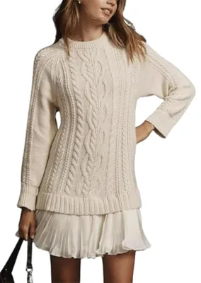 Produktbild von ASKSA Damen Pulloverkleid Cable Knit Rundhals Strickkleid Einfarbig Langarm Minikleid Freizeitkleider Pullover (Beige,L)