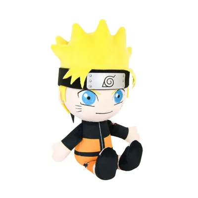 A plush toy of the anime character Naruto Uzumaki sitting down.