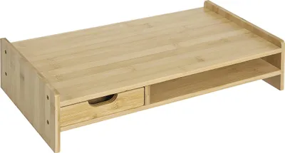 Image de HOMCOM Rehausseur écran PC bureau rehausseur ecran support moniteur, ordinateur portable, TV avec tiroir et niche en bambou, 49 x 25,5 x 11,5 cm bois naturel