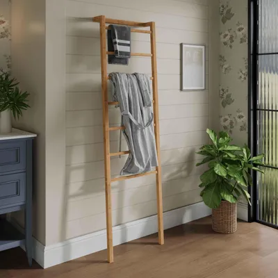 Immagine prodotto di Scaffale da bagno in bambù Zimilo, portasciugamani color naturale con 2 ripiani aperti e armadietto, scaffale multifunzionale per il bagno, ideale per il bagno e la casa